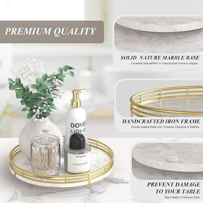 AMH 10-Inch White Marble Lazy Susan with Gold Frame | Smooth rotating oak tray with walnut finish for dining tables, kitchen counters, pantries and cabinet storage.