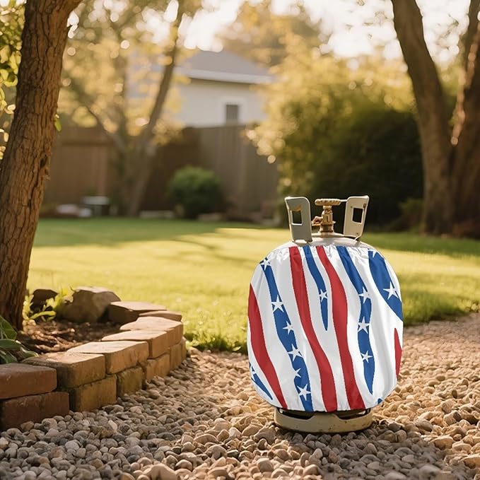Propane Tank Cover 20lb Outdoor Heavy Duty Waterproof Windproof Gas Tank Cylinder Cover with Elastic Brand, Dress up Your Gas Grilll, White Red Blue