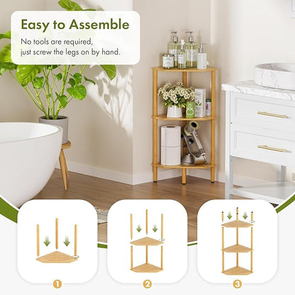 3 Tier Bamboo Corner Shelf, Storage Stand with Adjustable Feet, Small Space Corner Bookcase, Outdoor Plant Stand, Space-Saving Organizer for Bathroom Kitchen Living Room