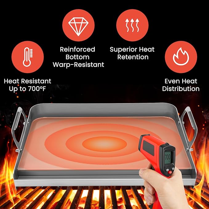23x16 Inch Griddle for Gas Grill Reinforced Bottom Anti Warp Detachable Handle Grease Groove Stainless Steel Flat Top for Pellet Grill and Stove Outdoor Indoor Cooking