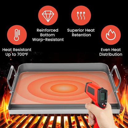 23x16 Inch Griddle for Gas Grill Reinforced Bottom Anti Warp Detachable Handle Grease Groove Stainless Steel Flat Top for Pellet Grill and Stove Outdoor Indoor Cooking