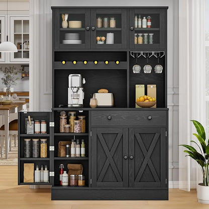 DWVO 71''H Pantry Cabinet with Drawer, Doors, Goblet Holder, Wine Rack for Storage, Pantry Cabinet with Power Outlet for Kitchen & Living Room (Black Oak) | Tall Cabinet with Doors, Shelves & Drawer, Buffet Cabinet with Goblet Holder and Wine Rack for ...