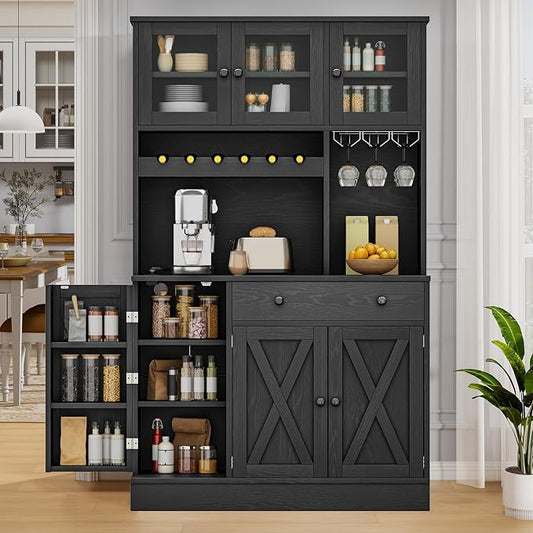 DWVO 71''H Pantry Cabinet with Drawer, Doors, Goblet Holder, Wine Rack for Storage, Pantry Cabinet with Power Outlet for Kitchen & Living Room (Black Oak) | Tall Cabinet with Doors, Shelves & Drawer, Buffet Cabinet with Goblet Holder and Wine Rack for ...