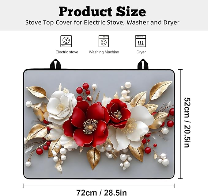 Multi-Design Stove Cover for Glass/Electric Stoves - 3-in-1 Heat-Resistant Protector Mat, Non-Slip Drying Rack 28"x20" (3D Flowers)