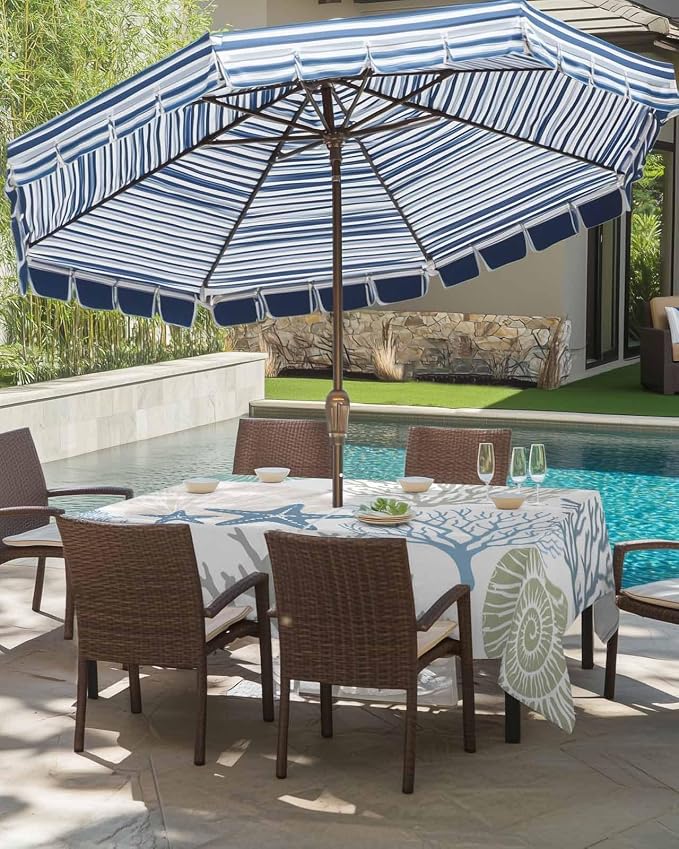 Coastal Outdoor Tablecloth - 60x84 Inch Rectangle Dining Table Cover, Blue Teal Coral Summer Beach Ocean Starfish Waterproof Outdoor Table Cloth with Umbrella Hole & Zipper for Picnic/Patio/Party