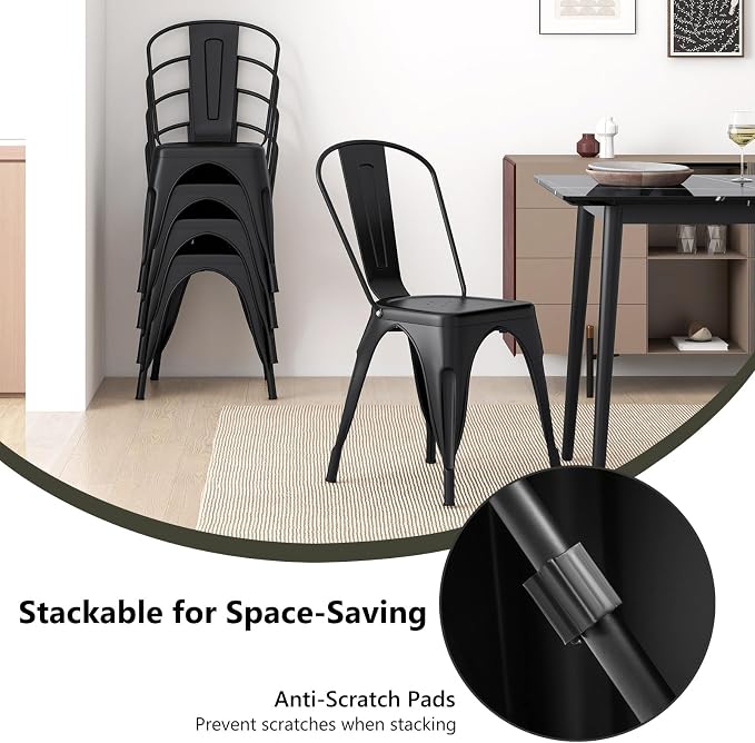 COSTWAY Stackable Metal Dining Chairs Set of 4 with Back, Indoor & Outdoor | Black, Industrial Vintage Style, Breathable Seat, High Backrest, for Dining Room, Kitchen, Bar, Cafe, Bistro, Restaurant