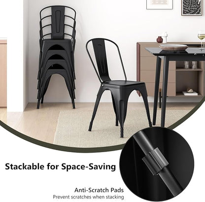 COSTWAY Stackable Metal Dining Chairs Set of 4 with Back, Indoor & Outdoor | Black, Industrial Vintage Style, Breathable Seat, High Backrest, for Dining Room, Kitchen, Bar, Cafe, Bistro, Restaurant