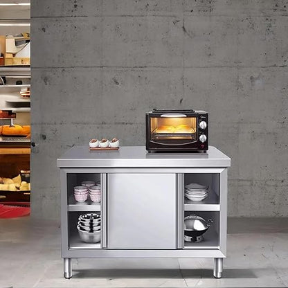 Stainless Steel Commercial Worktable w/Sliding Doors for Prep & Work, 39" x 20" Commercial Kitchen Prep Table, Heavy Duty Workbench w/Cabinet for Home, Restaurant, Hotel and Garage