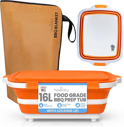BBQ Prep Tub with BBQ Blanket, 16L Multifunctional Camping Cutting Board with Locking Lid, Reusable Meat Resting Bag for Smoking, Collapsible Dish Basin for Marinating Food (Large 16L)