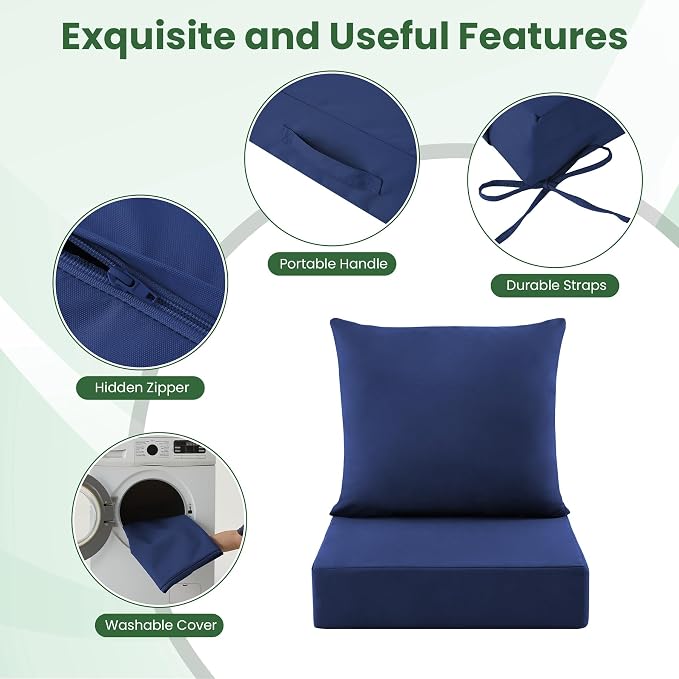 Patio Cushions for Outdoor Furniture, 24x24 Outdoor Couch Cushions, Waterproof & Fade-Resistant Patio Chair Cushions with Removable Cover, Replacement Outdoor Deep Seat Cushion, Navy Blue (Set of 2)