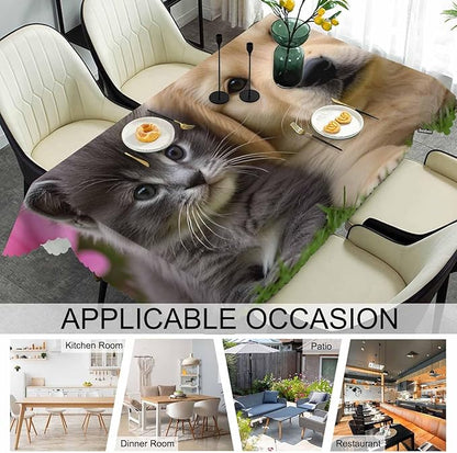 Table Cloth Cat Dog, Cute Funny Farmhouse Soft Table Cover for Kitchen Dining Tabletop Decoration, 52x70 Inch Fitted, 4-6 Seats