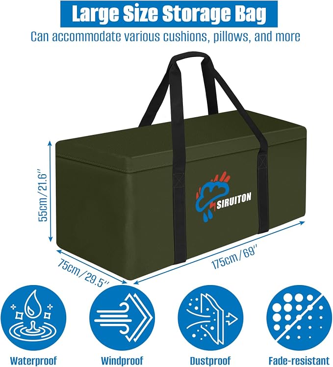 SIRUITON Cushion Storage Bag 600D Oxford,Waterproof,69"L x 29.5"W x 21.6"H | Heavy duty, rip proof, with handle & zipper, for patio & garden cushions, UV-resistant, all-weather protection