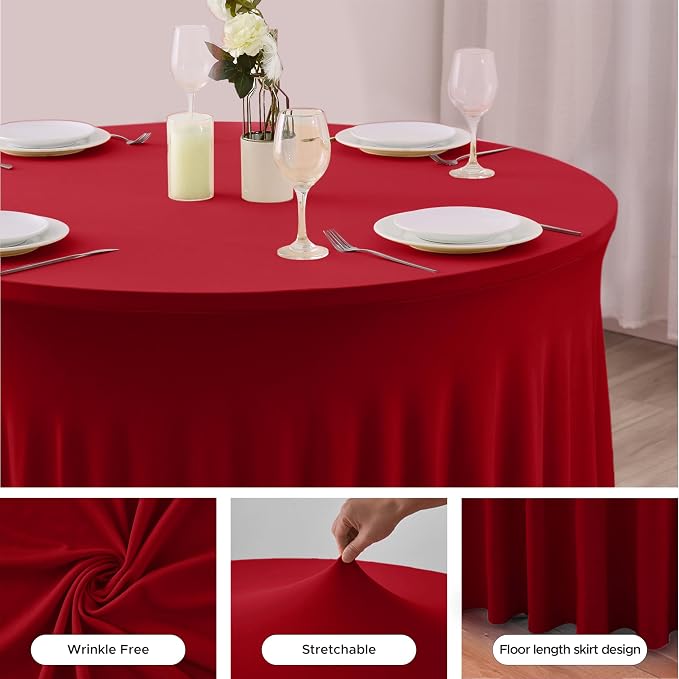 Red Tablecloths Spandex Table Covers for Christmas, 60 Inch Round,6 Pack | Spandex Table Skirts, For 5 Ft Bridal Shower Cake Table, Ruffle Design Banquets, Baby Showers, Parties,Wrinkle Resistant