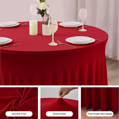 Red Tablecloths Spandex Table Covers for Christmas, 60 Inch Round,6 Pack | Spandex Table Skirts, For 5 Ft Bridal Shower Cake Table, Ruffle Design Banquets, Baby Showers, Parties,Wrinkle Resistant