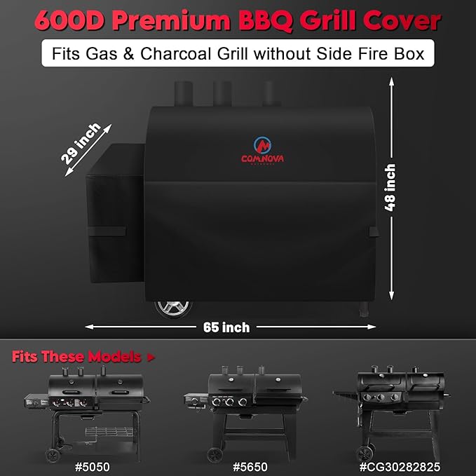 Comnova Grill Cover for Char Griller 3-Burner Dual Fuel - 600D Smoker Cover for Char Griller, Gas and Charcoal Grill Cover Fits Models 5050, 5650, CG30282825 without Side Fire Box - 65"L x 29"W x 48"H
