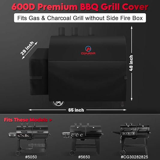 Comnova Grill Cover for Char Griller 3-Burner Dual Fuel - 600D Smoker Cover for Char Griller, Gas and Charcoal Grill Cover Fits Models 5050, 5650, CG30282825 without Side Fire Box - 65"L x 29"W x 48"H