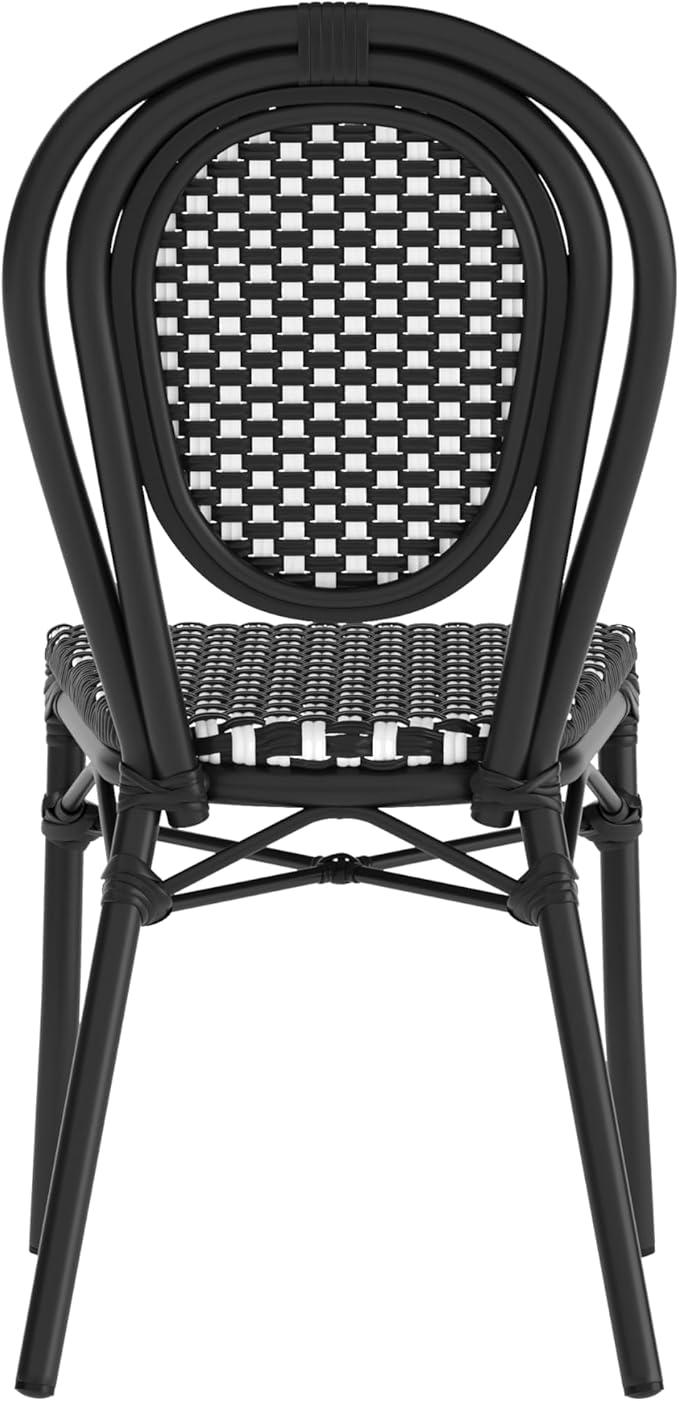 Flash Furniture Lourdes Indoor/Outdoor Commercial Thonet Bistro Stack Chair - Black/White PE Rattan Back and Seat - Black Metal Frame - Set of 4
