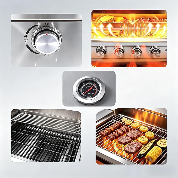 Premium 4 Burner Built In Gas & Charcoal Grill Island Head, Portable 304 Stainless Steel Outdoor Grill, 50,000 BTUs, 403 SQ In Racks, Dual Fuel Compatibility(27-IN)