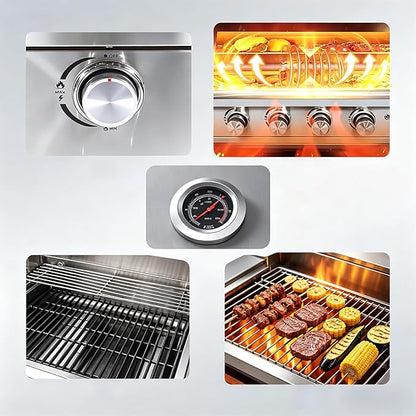 Premium 4 Burner Built In Gas & Charcoal Grill Island Head, Portable 304 Stainless Steel Outdoor Grill, 50,000 BTUs, 403 SQ In Racks, Dual Fuel Compatibility(27-IN)