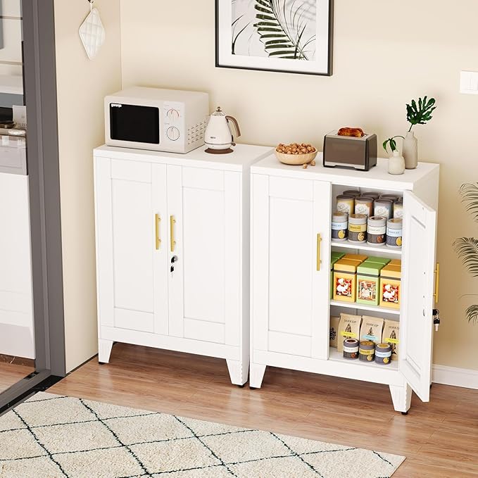 GAIOUS White Metal File Cabinet with Lock (Two Units), Steel Storage Cabient with 2 Doors and 2 Adjustable Shelves, Multifunctional Locked Cabinet for Home/Office/Garage/Tool Room, Accent Furniture
