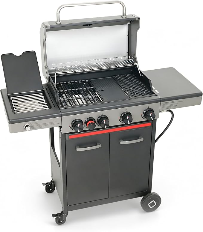 Flintex 4-Burner Propane Gas Grill with Infrared Searing Side Burner and Porcelain-Enameled Cast Iron Grates & Pan, Outdoor BBQ Grill with 46,500 BTU Output, 490 sp.in. Cooking Area, Black