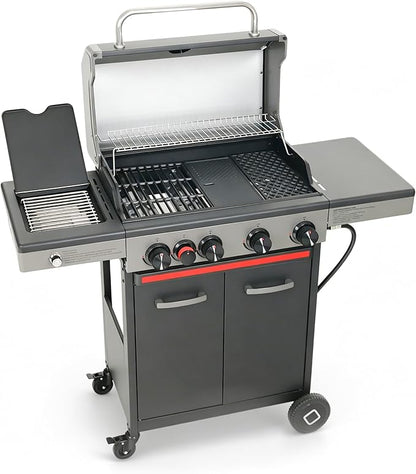 Flintex 4-Burner Propane Gas Grill with Infrared Searing Side Burner and Porcelain-Enameled Cast Iron Grates & Pan, Outdoor BBQ Grill with 46,500 BTU Output, 490 sp.in. Cooking Area, Black