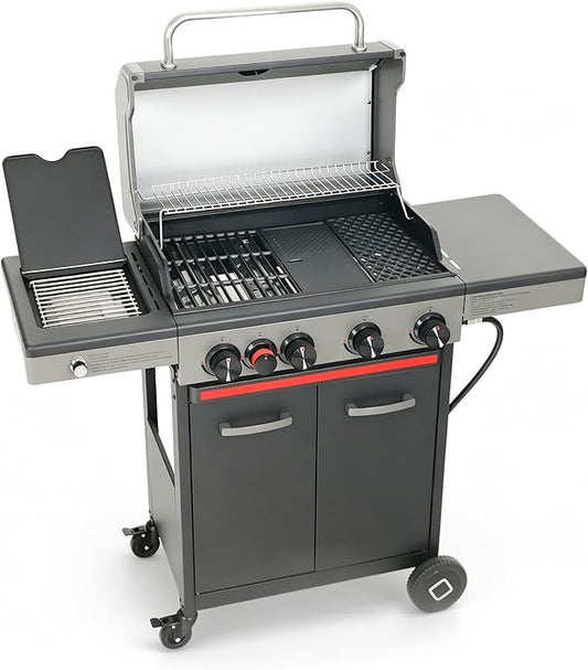 Flintex 4-Burner Propane Gas Grill with Infrared Searing Side Burner and Porcelain-Enameled Cast Iron Grates & Pan, Outdoor BBQ Grill with 46,500 BTU Output, 490 sp.in. Cooking Area, Black