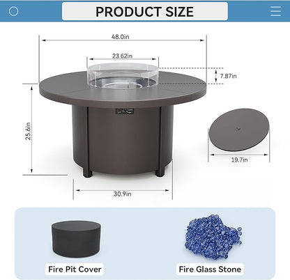 Kullavik 48" Round Propane Fire Pit Table,55000 BTU Auto-Ignitiongas Gas Fire Table with Fire Glass and Lid,Waterproof Cover and Pumice Stone for Patio,Balcony,Garden