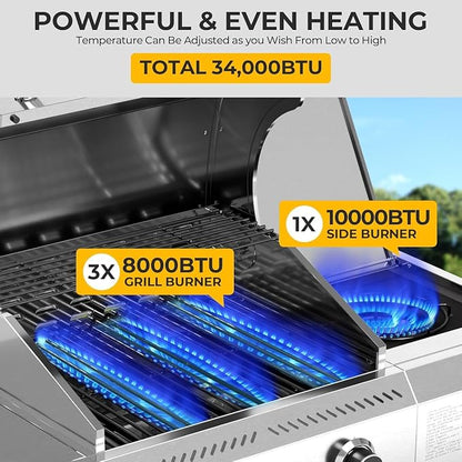 Electactic 3-Burner Propane Gas Grill with Side Burner, 34,000 BTU Stainless Steel BBQ Grill with Enameled Cast Iron Grates, Built-In Thermometer, Barbecue Grill for Outdoor Cooking, Patio, Tailgates