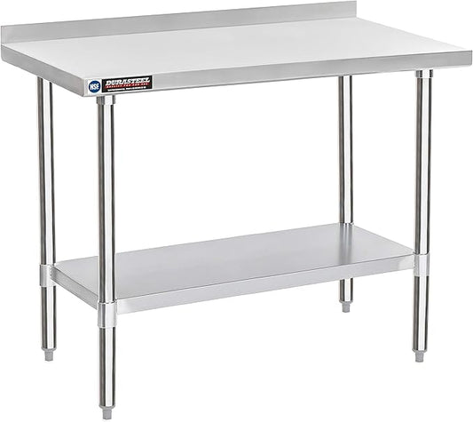 DuraSteel NSF Commercial Kitchen Table - 24 x 48 Inch Cooking Prep Stainless Steel Kitchen Island Workstation w/ Adjustable Under Shelf - Heavy Metal Backsplash Workbench For Restaurant, Home, Garage