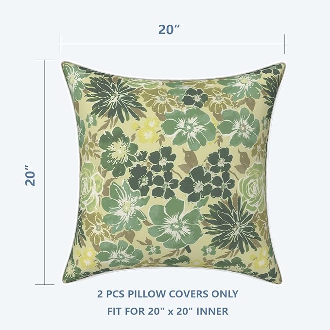 LVTXIII Outdoor/Indoor Pillow Covers, Patio Fade Resistant Throw Pillow Covers ONLY, Waterproof Farmhouse Accent Cushion Cases for Sofa Patio Couch Decoration 20"x20" Set of 2, Green Rose