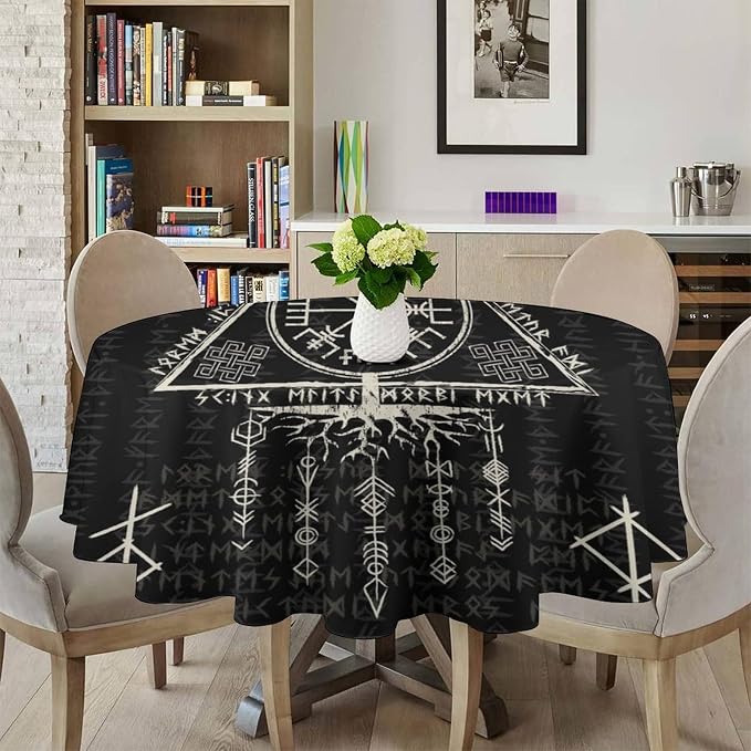 Vintage Viking Pattern Round Tablecloth, Gothic Helm of Terror Scandinavian Viking Seasonal Table Cloth Waterproof Wipeable Table Cover for Picnic Holiday Party Kitchen Dining 36"