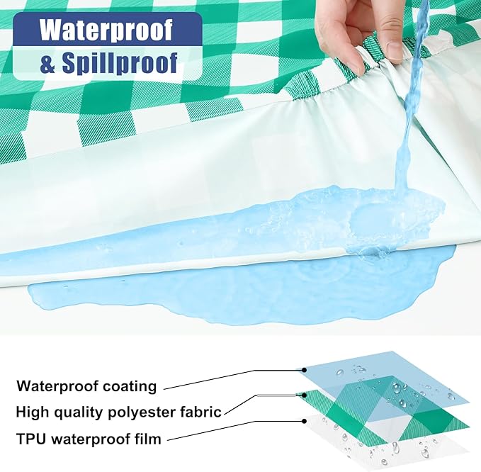 Smiry Picnic Table Cloth 2 Pack, Waterproof Elastic Fitted Tablecloths for 24x48 Rectangle Tables, Washable Polyester Buffalo Plaid Tablecloth for Camping, Dining & Outdoor (Green & White, 24" x 48")