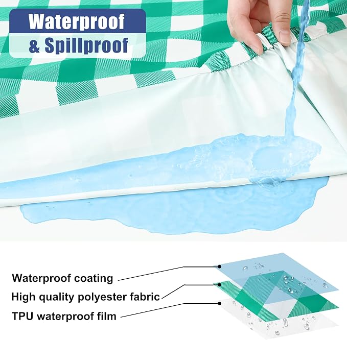 Smiry Picnic Table Cloth 2 Pack, Waterproof Elastic Fitted Tablecloths for 8FT Rectangle Tables, Washable Polyester Buffalo Plaid Tablecloth for Camping, Dining & Outdoor (Green & White, 30" x 96")