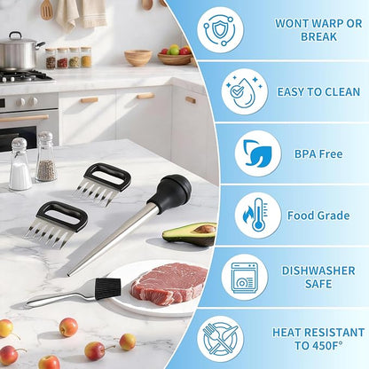 T-Raputa Turkey Baster Set – Includes Baster for Cooking, Barbecue Basting Brush,2 Meat Shredder Claws 2 Flavor Injector with Cleaning Brush– for Home Baking Kitchen Tool,Ideal Holiday Gift Great