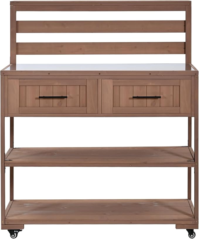 GDFStudio Elshire Patio Kitchen Island Cart with Storage, Wooden Outdoor Storage Cabinet with Stainless Steel BBQ Prep Table Top, Drawers, Raised Shelf and Lockable Wheels, Garden Potting Bench, Brown