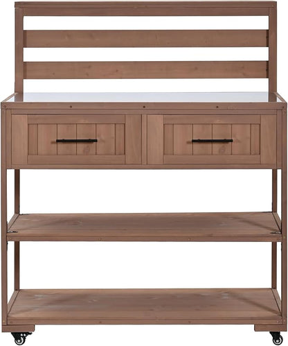 GDFStudio Elshire Patio Kitchen Island Cart with Storage, Wooden Outdoor Storage Cabinet with Stainless Steel BBQ Prep Table Top, Drawers, Raised Shelf and Lockable Wheels, Garden Potting Bench, Brown