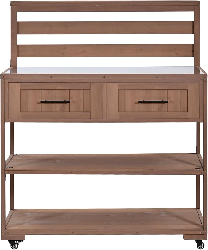 Outdoor Kitchen Cart with Stainless Steel Top, 62.3 Inch | Fir wood frame, stainless surface, raised shelf, fixed shelf, 2 lockable wheels, split-use design, BBQ prep, patio garden use