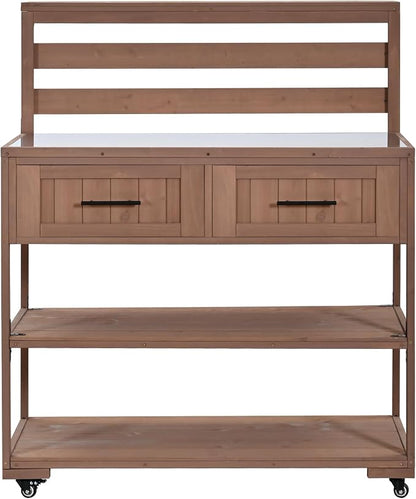 Outdoor Kitchen Cart with Stainless Steel Top, 62.3 Inch | Fir wood frame, stainless surface, raised shelf, fixed shelf, 2 lockable wheels, split-use design, BBQ prep, patio garden use