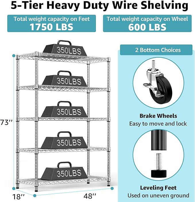 M MZG 5-Shelf Storage Shelves,Wire Shelving Heavy Duty Metal Storage Shelving Unit Adjustable Garage Shelving Rack Pantry Kitchen (Chrome, 5 Tier,17.7" D x 47.2" W x 76.7" H) (Pack of 2)