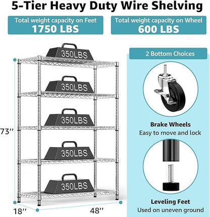 M MZG 5-Shelf Storage Shelves,Wire Shelving Heavy Duty Metal Storage Shelving Unit Adjustable Garage Shelving Rack Pantry Kitchen (Chrome, 5 Tier,17.7" D x 47.2" W x 76.7" H) (Pack of 2)