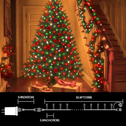 33ft Christmas Decorative Mini Lights, 100 LED Green Wire Fairy Starry String Lights Plug in, 16 Lighting Modes for Outdoor Xmas Tree Wedding Party Decoration (Red/Green/White)