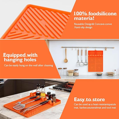 Silicone Grill Mat for Blackstone Barbeque Grill Accessories，16”×11.5” Silicone Griddle Tools with Drip Pad，Side Shelf Griddle Spatula Utensil Mats for Outdoor Barbeque & Kitchen Countertop (Orange)