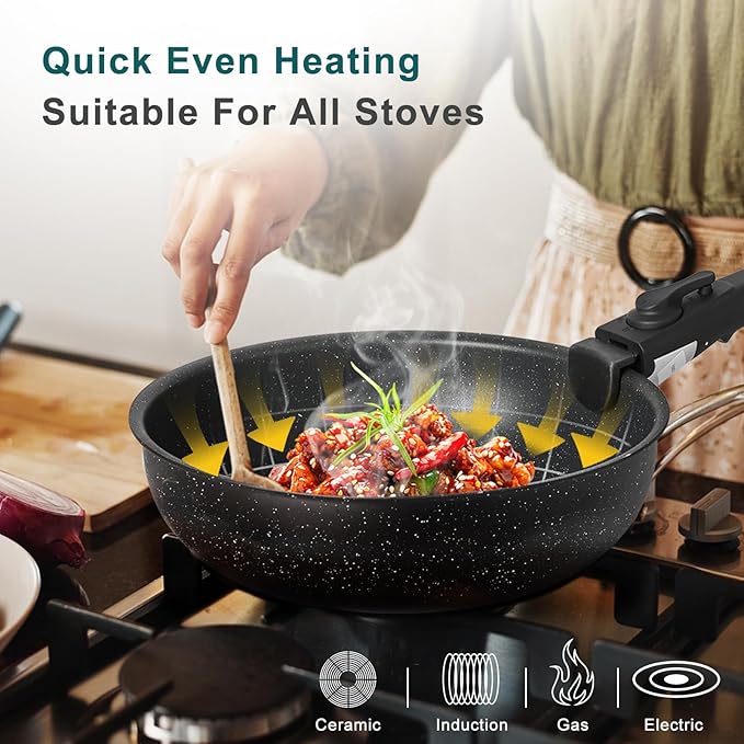 12-Piece Nonstick Cookware Set, Detachable Handle Kitchen Pots and Pans, Induction Compatible, Dishwasher & Oven Safe, Space-Saving, Black
