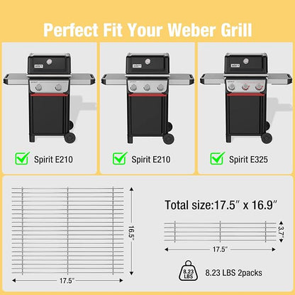 Utheer 304 Stainless Steel Grill Grates for Weber Spirit 2025 Front-Control Models, Fits Spirit E-210 E-310 E-325, 2PCS 7mm Solid Stainless Steel Replacement Grates, Replaces Weber 7637