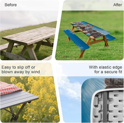 ANNA QUEEN Easter Outdoor Scene 6FT Picnic Table Cover with Bench Covers Set of 3 with Drawstring Bag, Bunny Fence Easter Eggs 72"x30" Waterproof Picnic Tablecloth & Bench Covers