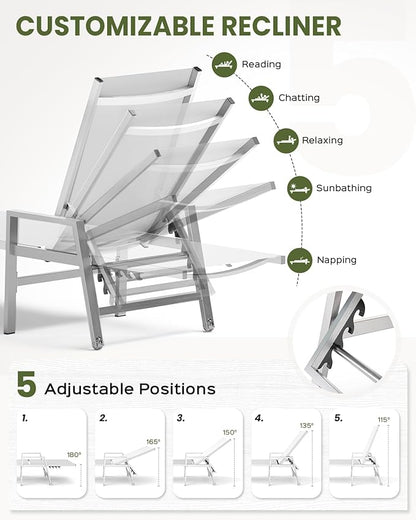 Patio Chaise Lounge Chair Outdoor Set of 2 with Wheels&Armrests, Aluminum Pool Lounge Chairs Five-Position Adjustable Recliner, Outdoor Beach Lounge Chairs for Poolside, Patio, Deck, Yard, White