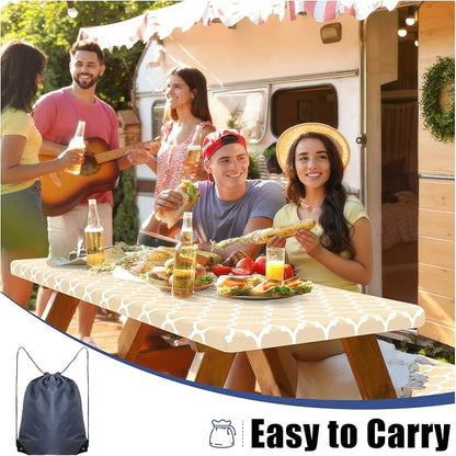 Smiry Picnic Table Cover with Bench Covers, Waterproof Elastic Fitted Tablecloth for 5 Foot Tables, Washable Polyester Tablecloths for Camping, Indoor & Outdoor (Beige, 30x60 Inch 3-pc Set)