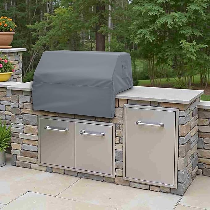 Covers & All Built-in Grill Cover for Outdoor Grill – Heavy Duty 12 oz Waterproof Built-in BBQ Grill Cover, PVC-Coated Polyester with Elastic Hem for Snug Fit (42 x 28 x 14 inches, Grey)
