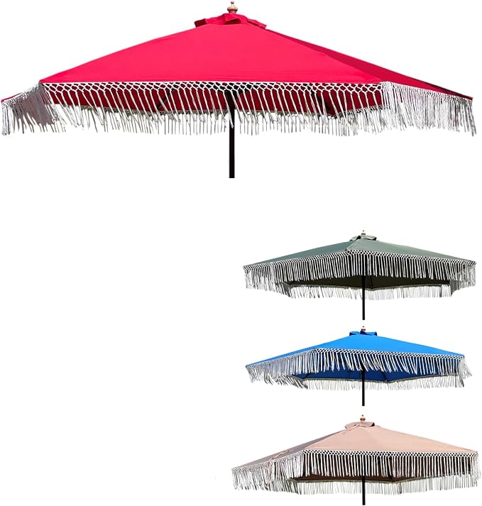 FORMOSA 9ft 6 Rib Market Luxury Patio Umbrella Replacement Canopy - 300D UV Protective and Water Resistant Patio Fade Resist Top Fabric Cloth - Umbrella Replacement Cover CANOPY ONLY (Red Tassels)